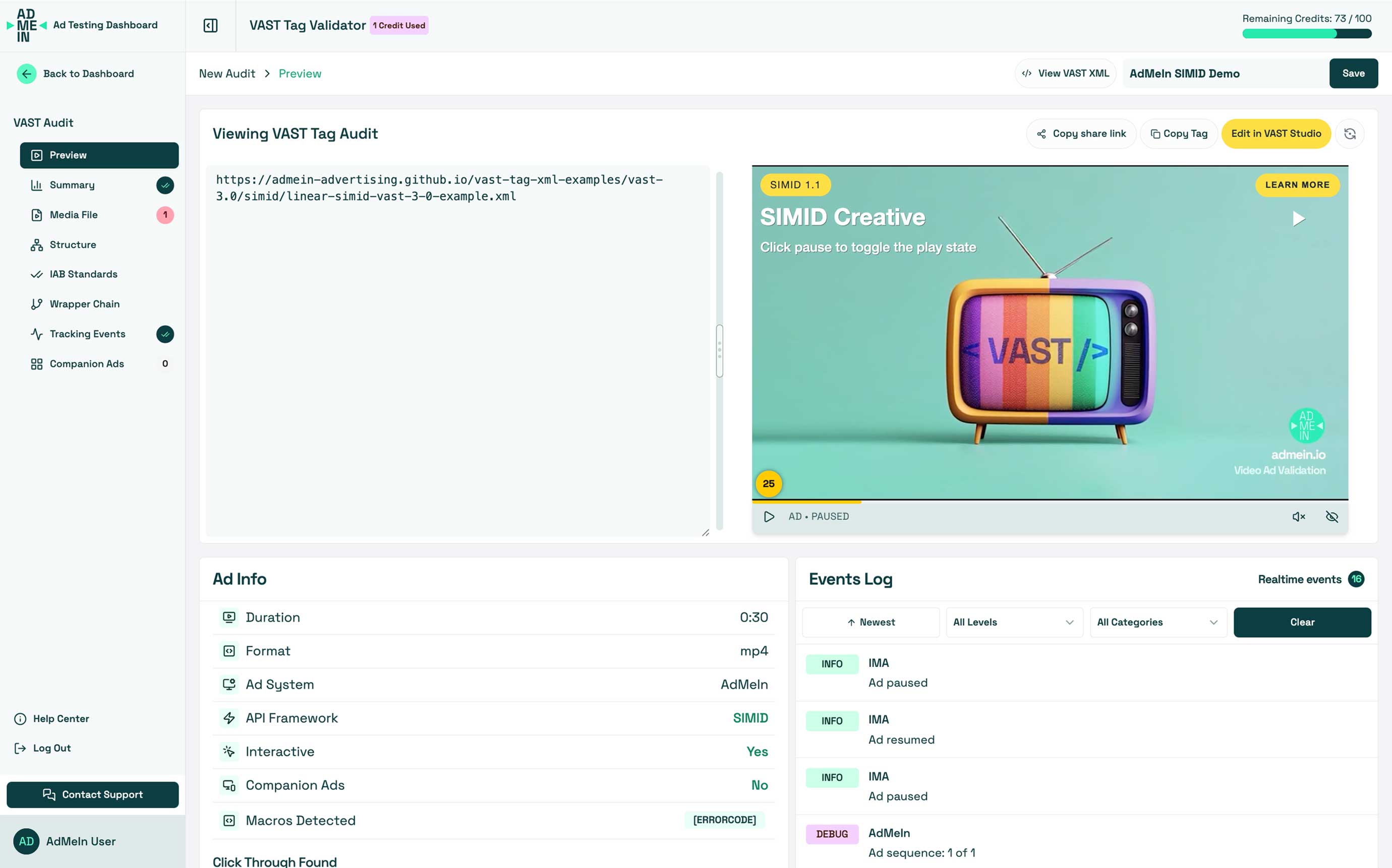 AdMeIn VAST audit preview with event log and ad info